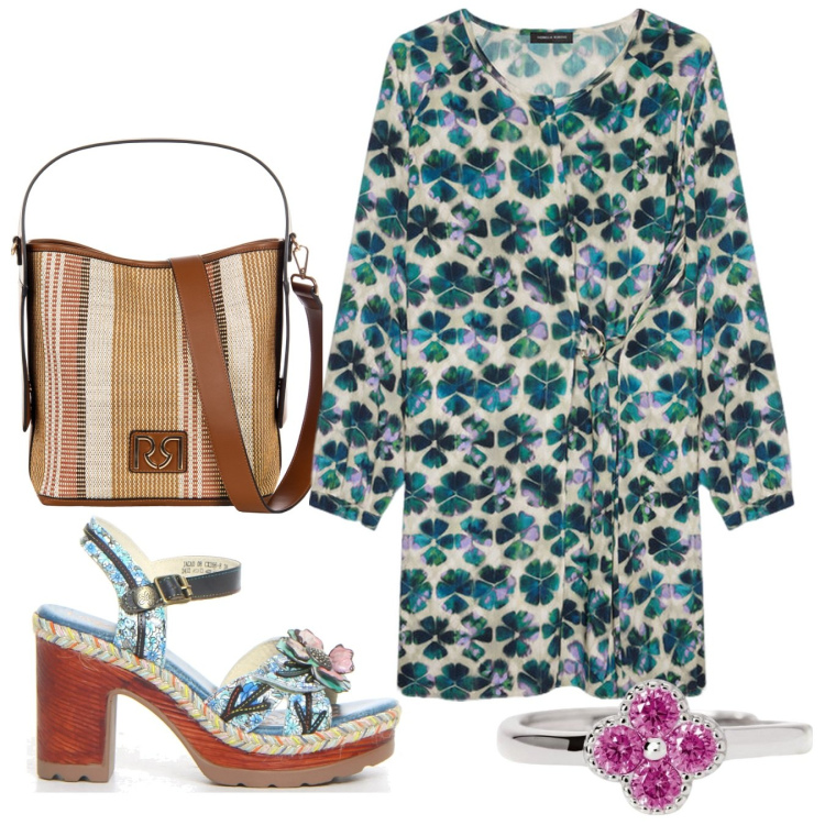 Outfit donna - Anni 70. Stile Boho per Serata fuori. Abbinamento con anelli, borse a secchiello, vestiti corti, sandali col tacco.