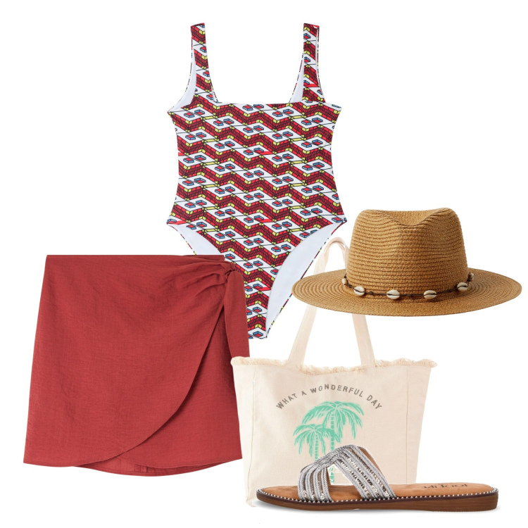 Outfit donna - Primo giorno di mare - @ambrosiajsi. Stile Casual per Mare. Abbinamento con shopping bag, costumi interi, vestiti da spiaggia, cappelli, ciabatte.