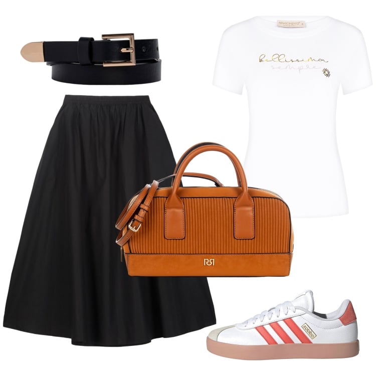 Outfit donna - Fashion in viaggio. Stile Urban per Tutti i giorni. Abbinamento con t-shirt, borse a mano, sneakers, gonne lunghe, cinture.