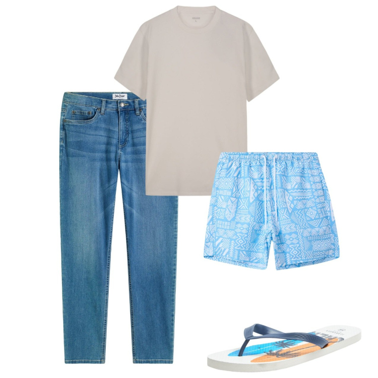 Outfit uomo - Al mare. Stile Casual per Tutti i giorni. Abbinamento con jeans, sandali, costumi, t-shirt.