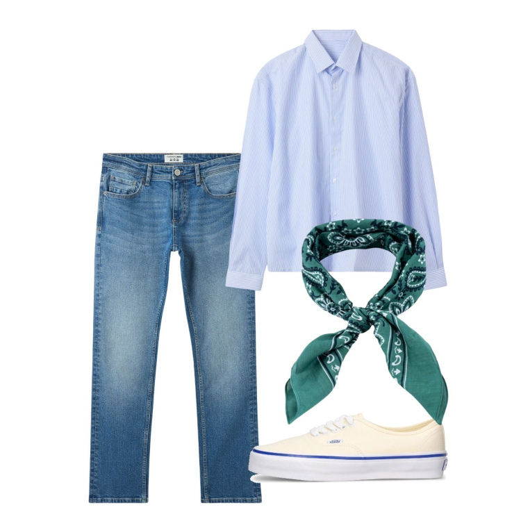 Outfit uomo - Bandana giugno. Stile Casual per Tutti i giorni. Abbinamento con jeans, camicie, sciarpe e foulard, sneakers.