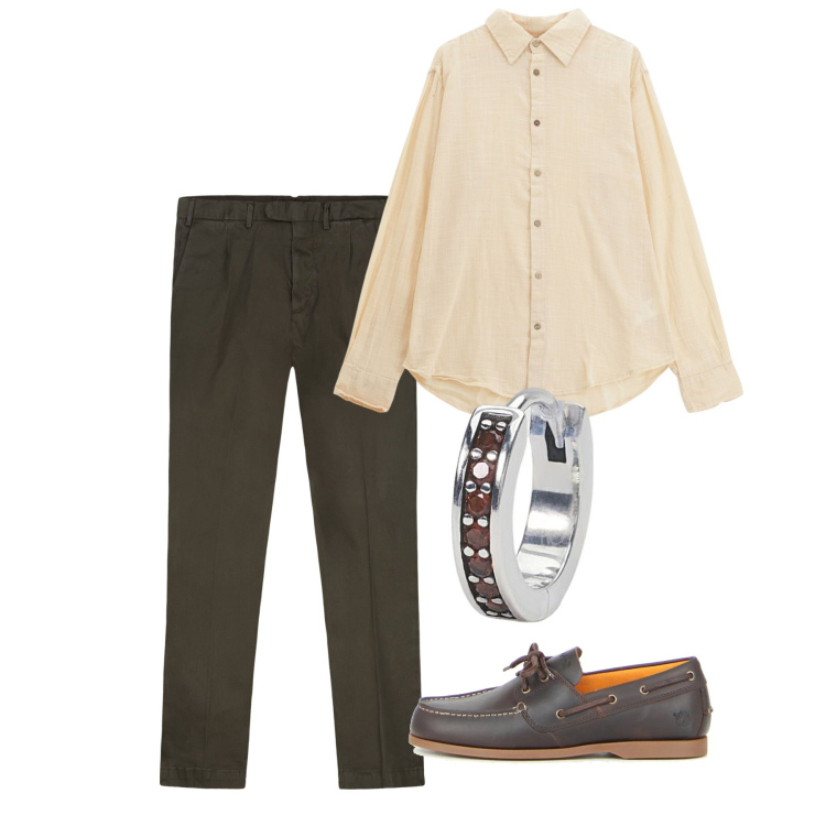 Outfit uomo - Giugno. Stile Trendy per Serata speciale. Abbinamento con orecchini, camicie, pantaloni, scarpe stringate.