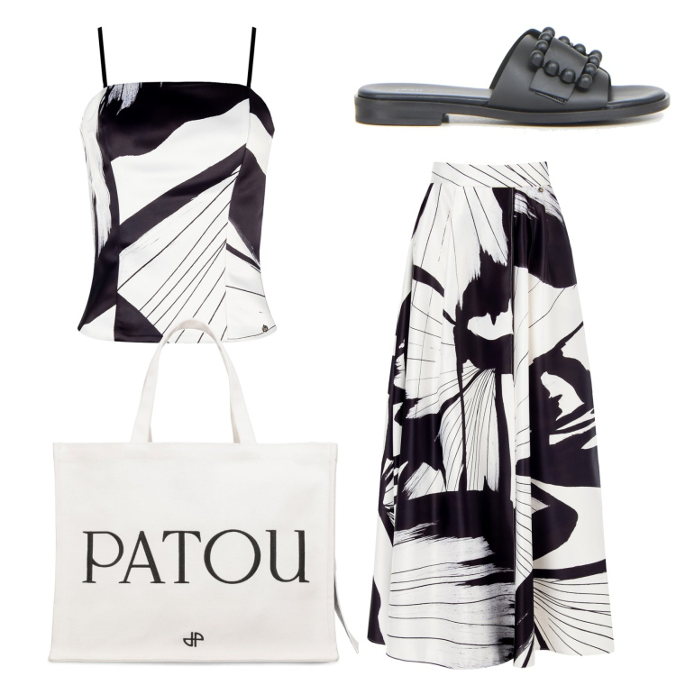 Outfit donna - Sera estiva in bianco e nero. Stile Casual chic per Serata fuori. Abbinamento con gonne lunghe, canottiere, ciabatte, shopping bag.