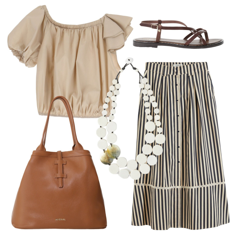 Outfit donna - A passeggio con eleganza. Stile Casual chic per Tutti i giorni. Abbinamento con gonne lunghe, top, borse tote, sandali, ciondoli.