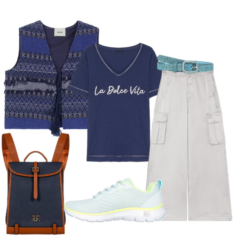 Outfit donna - Il mio week-end fuori porta. Stile Casual chic per Tutti i giorni. Abbinamento con cinture, zaini, pantaloni cargo, gilet, t-shirt, sneakers.