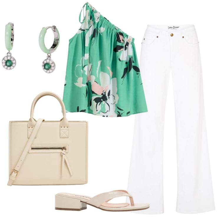 Outfit donna - Abbinando il jeans bianco. Stile Casual chic per Serata fuori. Abbinamento con jeans, top, infradito, shopping bag, orecchini.