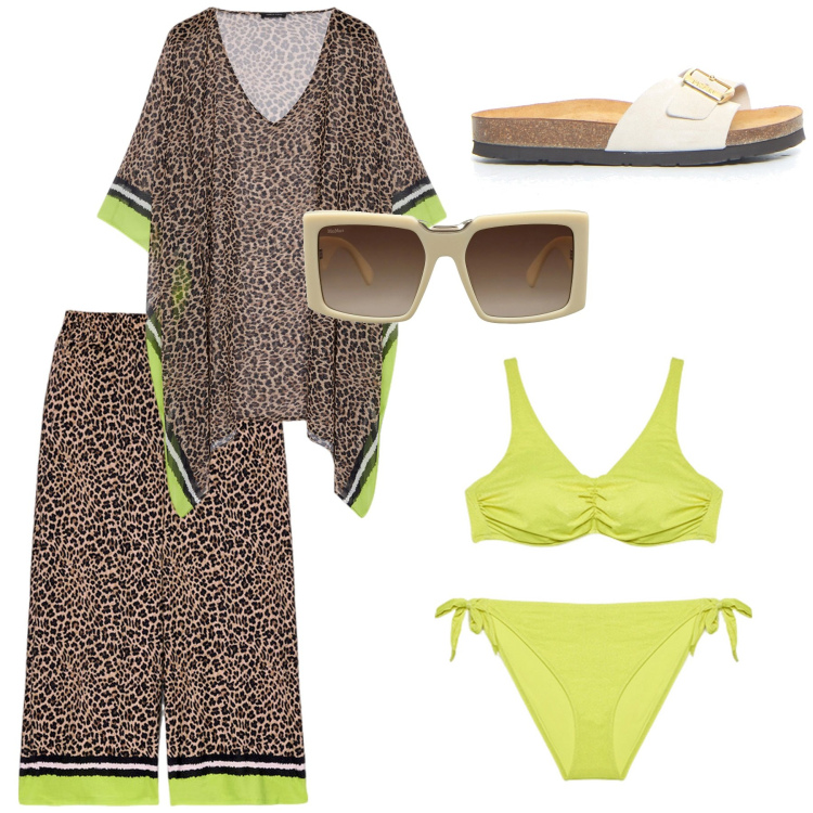Outfit donna - Al mare con eleganza. Stile Casual chic per Mare. Abbinamento con occhiali da sole, bikini, caftani, pantaloni, ciabatte.