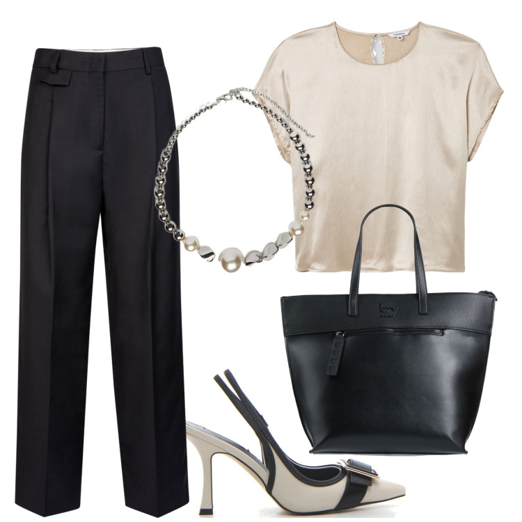 Outfit donna - Cena formale. Stile Minimal per Serata fuori. Abbinamento con borse a mano, bluse, collane, pantaloni, décolleté.