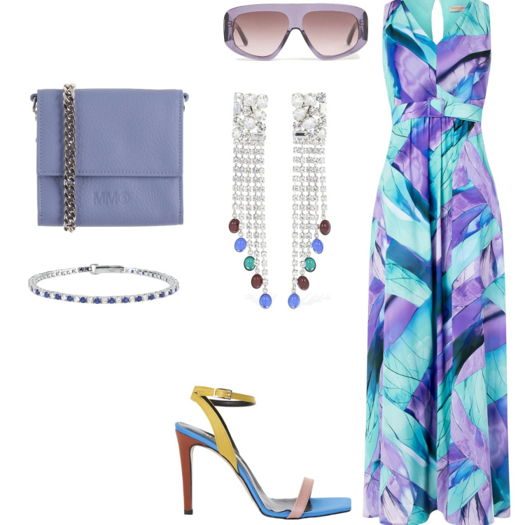 Outfit donna - Raffinata stampa astratta. Stile Trendy per Cerimonia. Abbinamento con portafogli, sandali col tacco, braccialetti, vestiti lunghi, orecchini, occhiali da sole.