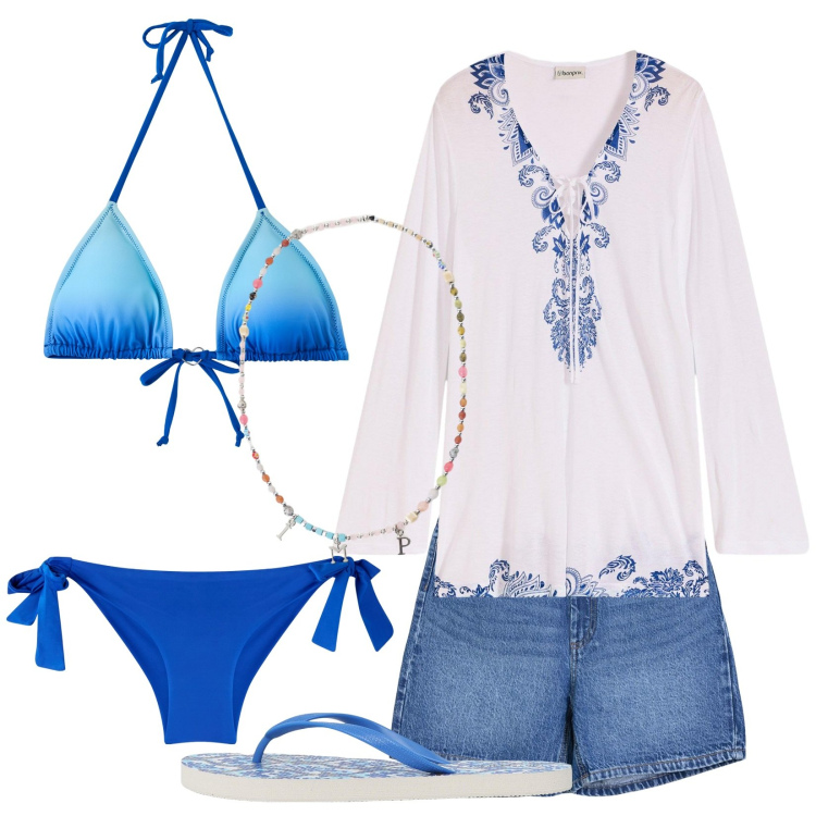 Outfit donna - Mar dei Caraibi. Stile Boho per Mare. Abbinamento con vestiti da spiaggia, bermuda, bikini, bikini, infradito, collane.