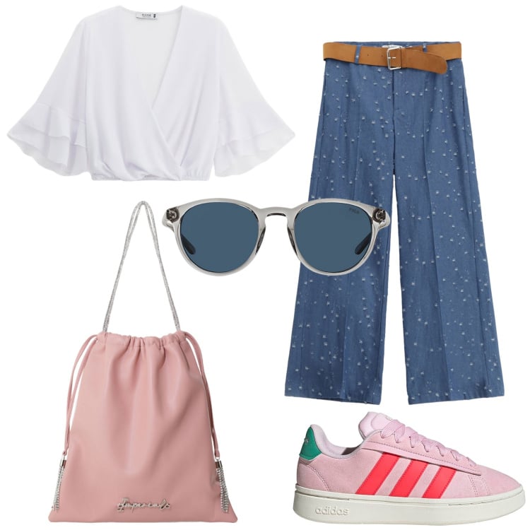 Outfit donna - Please in denim. Stile Basic per Tutti i giorni. Abbinamento con top, pantaloni, borse a secchiello, occhiali da sole, sneakers.