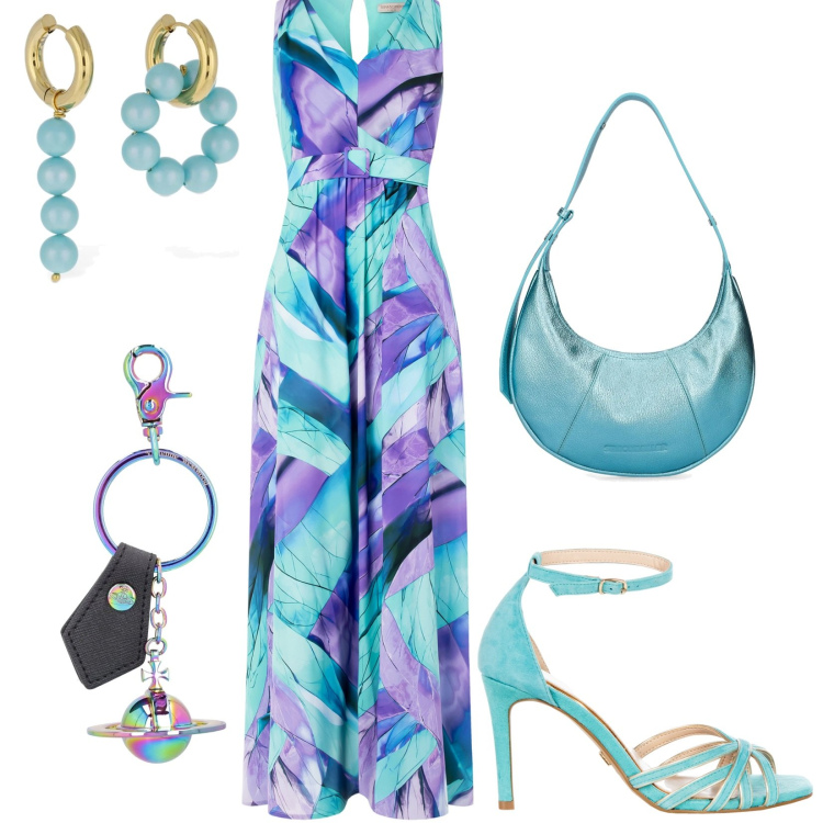 Outfit donna - Abito multicolore con cintura. Stile Chic per Tutti i giorni. Abbinamento con vestiti lunghi, sandali col tacco, orecchini, borse a spalla, portachiavi.