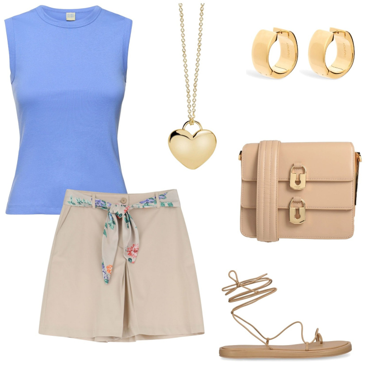 Outfit donna - Freedom. Stile Casual per Tutti i giorni. Abbinamento con borse a tracolla, collane, shorts, sandali in pelle, canottiere, orecchini.