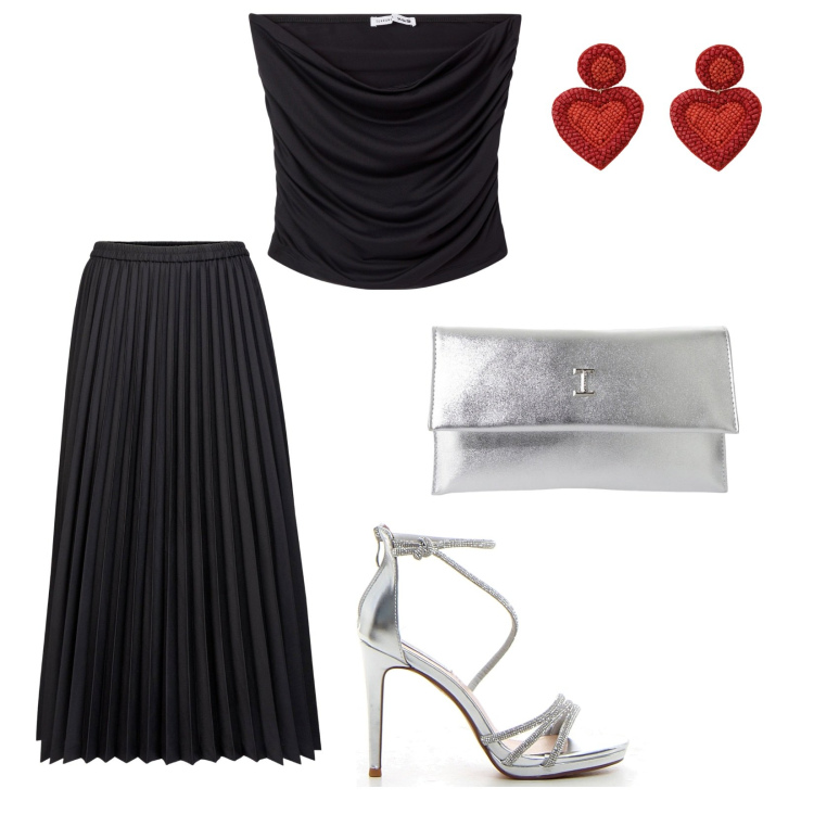 Outfit donna - Estate. per Serata fuori. Abbinamento con top, pochette, orecchini, gonne longuette, sandali col tacco.