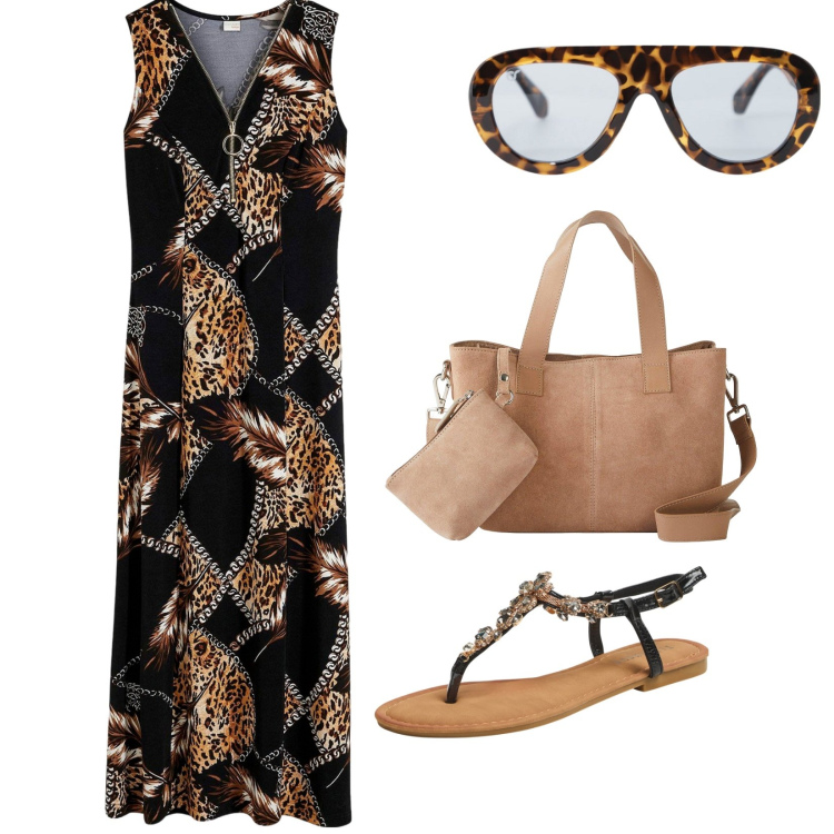 Outfit donna - Apericena. per Serata fuori. Abbinamento con vestiti lunghi, borse a mano, sandali gioiello, occhiali da sole.