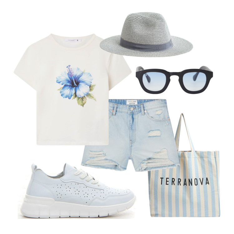 Outfit donna - Weekend al mare!. Stile Casual per Mare. Abbinamento con shorts, cappelli, t-shirt, borse tote, occhiali da sole, sneakers.