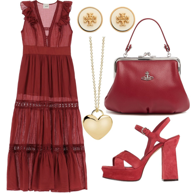 Outfit donna - L’abito con le balze. Stile Vintage retrò per Tutti i giorni. Abbinamento con sandali in pelle, collane, vestiti lunghi, borse a mano, orecchini.
