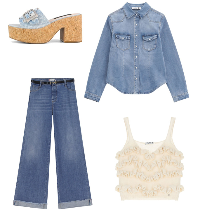 Outfit donna - Serata al mare. Stile Trendy per Mare. Abbinamento con jeans, top, camicie, sandali.