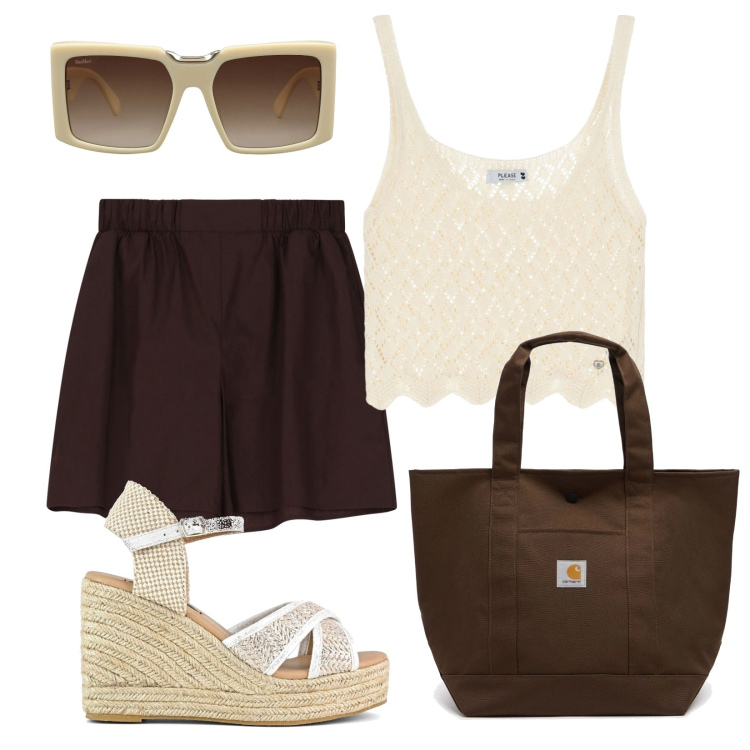 Outfit donna - Che stile!!!!. Stile Glamour per Tutti i giorni. Abbinamento con occhiali da sole, top, shorts, zeppe, borse tote.