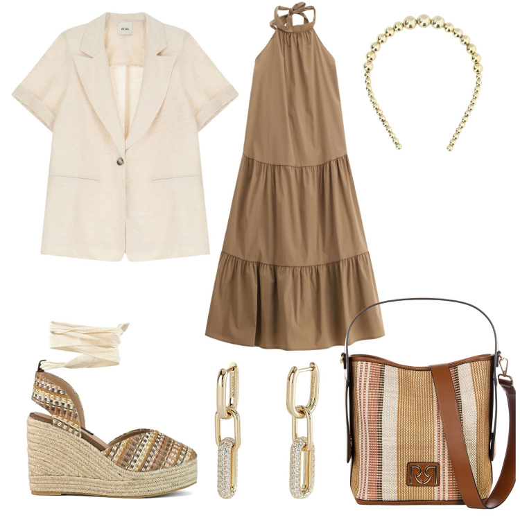 Outfit donna - Estate vintage. Stile Vintage retrò per Tutti i giorni. Abbinamento con orecchini, borse a secchiello, vestiti midi/longuette, cerchietti, blazer, zeppe.