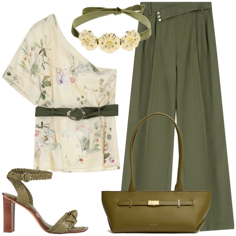 Outfit donna - Verde mania. Stile Casual chic per Ufficio. Abbinamento con sandali in pelle, pantaloni, top, collane, borse a spalla.