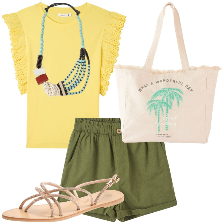 Outfit donna - Sportivo a colori. Stile Basic per Tutti i giorni. Abbinamento con shopping bag, pantaloni corti, sandali, t-shirt, collane.