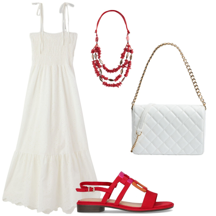 Outfit donna - Bianco e rosso in città. Stile Casual per Tutti i giorni. Abbinamento con vestiti midi/longuette, borse a tracolla, collane, sandali.