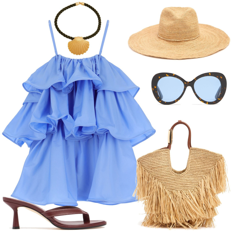 Outfit donna - Holiday. Stile Trendy per Mare. Abbinamento con collane, vestiti corti, occhiali da sole, cappelli, ciabatte, borse tote.