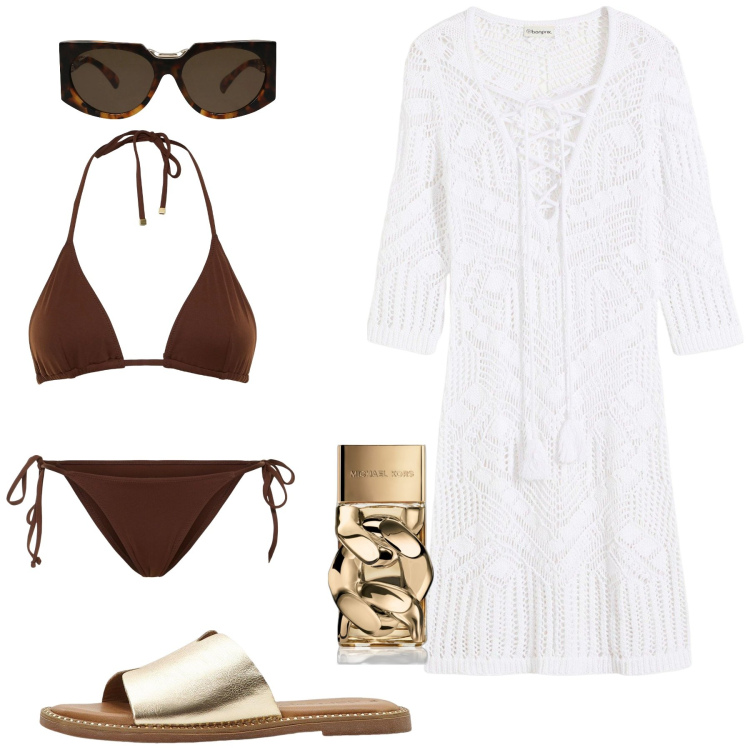 Outfit donna - Cala Bassa. Stile Vintage retrò per Mare. Abbinamento con vestiti da spiaggia, ciabatte, occhiali da sole, profumi, bikini, bikini.