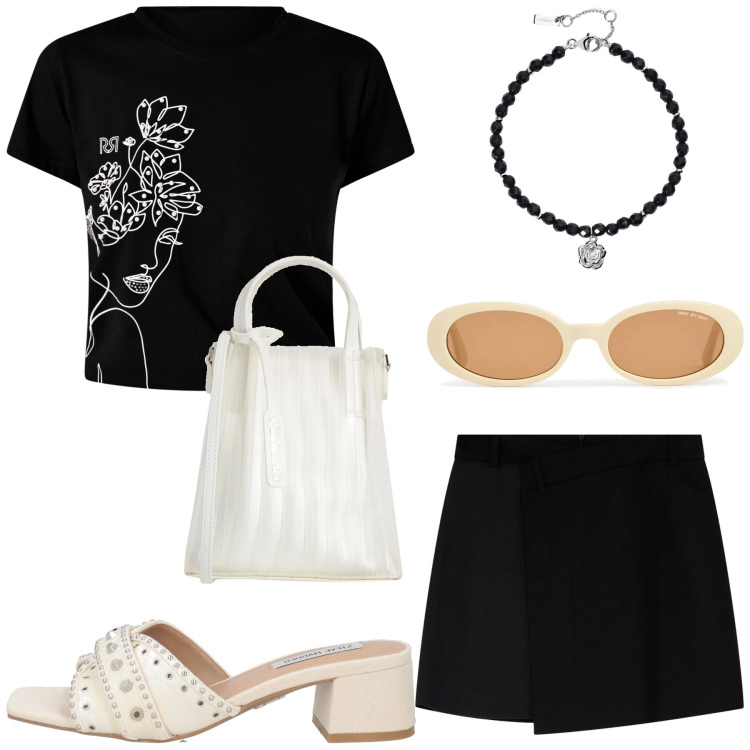 Outfit donna - Nero e bianco. Stile Basic per Tutti i giorni. Abbinamento con borse a mano, sandali col tacco, braccialetti, t-shirt, minigonne, occhiali da sole.