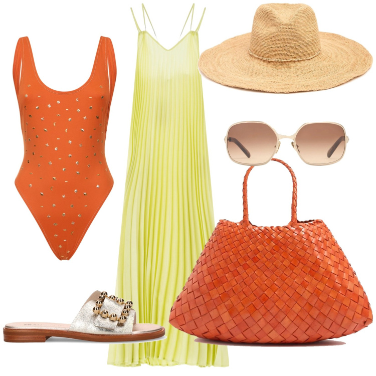 Outfit donna - In spiaggia fino al tramonto. Stile Chic per Mare. Abbinamento con vestiti lunghi, cappelli, borse a spalla, costumi interi, ciabatte, occhiali da sole.