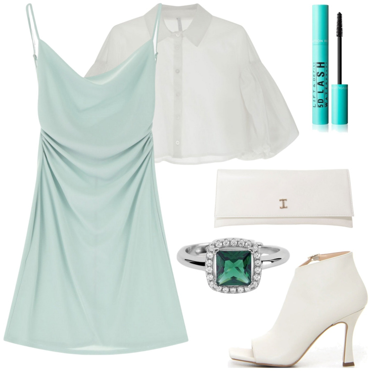 Outfit donna - Anello smeraldo. Stile Preppy per Tutti i giorni. Abbinamento con mascara, anelli, vestiti corti, camicie, pochette, sandali col tacco.
