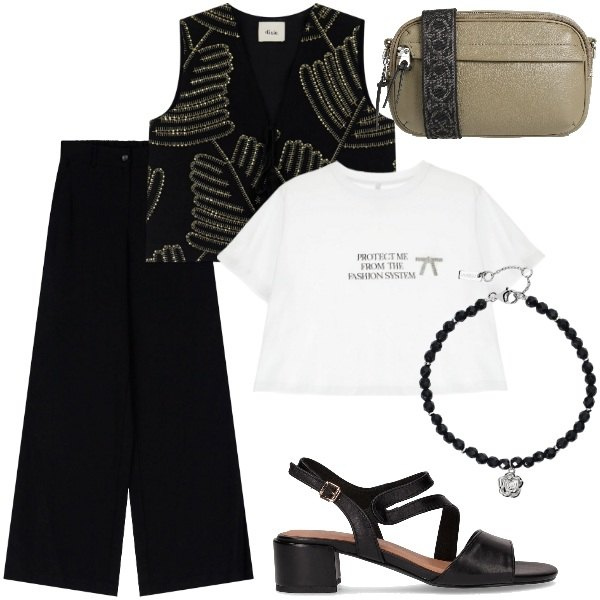 Outfit donna - Serata fuori. Stile Casual chic per Serata fuori. Abbinamento con borse a tracolla, braccialetti, t-shirt, gilet, pantaloni, sandali col tacco.