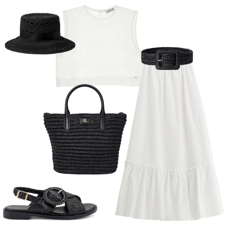 Outfit donna - Summer Please. Stile Boho per Mare. Abbinamento con gonne lunghe, top, borse tote, cappelli, cinture, sandali.