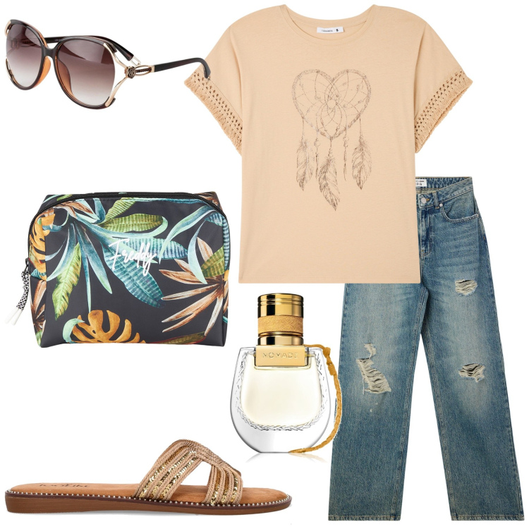 Outfit donna - Acchiappasogni. Stile Casual per Tutti i giorni. Abbinamento con occhiali da sole, profumi, t-shirt, jeans strappati, valigie, ciabatte.