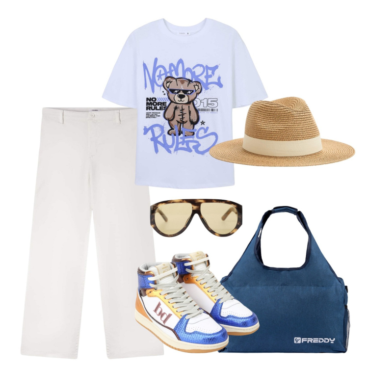 Outfit donna - Pronta per il viaggio!. Stile Urban per Tutti i giorni. Abbinamento con t-shirt, pantaloni, cappelli, occhiali da sole, sneakers alte, borse sportive.