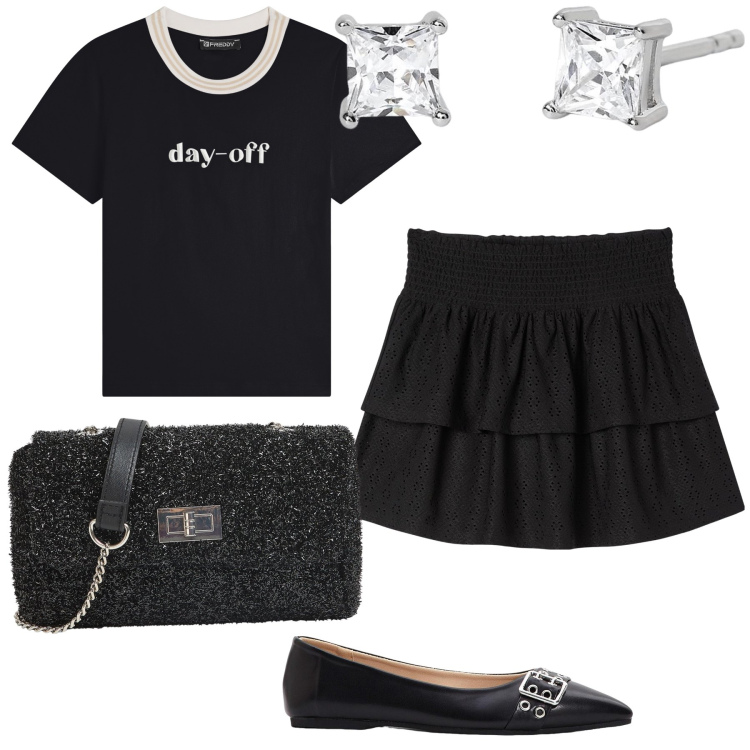 Outfit donna - Day off , ma chic. Stile Bon Ton per Tutti i giorni. Abbinamento con ballerine, minigonne, borse a tracolla, orecchini, t-shirt.