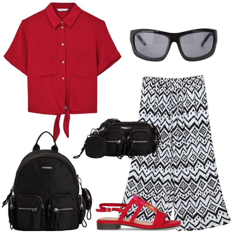 Outfit donna - Total look #2190089. Stile Casual per Tutti i giorni. Abbinamento con pantaloni a palazzo, camicie a manica corta, occhiali da sole, borse a tracolla, zaini, sandali.