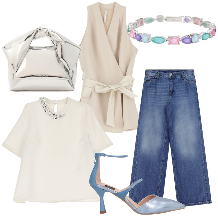 Outfit donna - Serata in gilet e jeans. Stile Chic per Serata fuori. Abbinamento con décolleté, braccialetti, jeans, t-shirt, gilet, borse a mano.