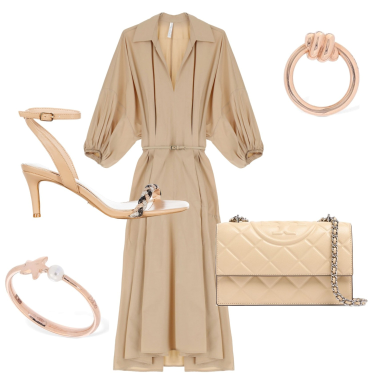 Outfit donna - Serata con i colleghi. Stile Casual chic per Serata fuori. Abbinamento con sandali in pelle, vestiti lunghi, anelli, orecchini, borse a spalla.