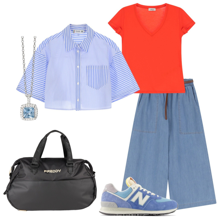 Outfit donna - In viaggio con le amiche. Stile Casual per Tutti i giorni. Abbinamento con collane, sneakers, jeans, camicie, borse sportive, t-shirt.