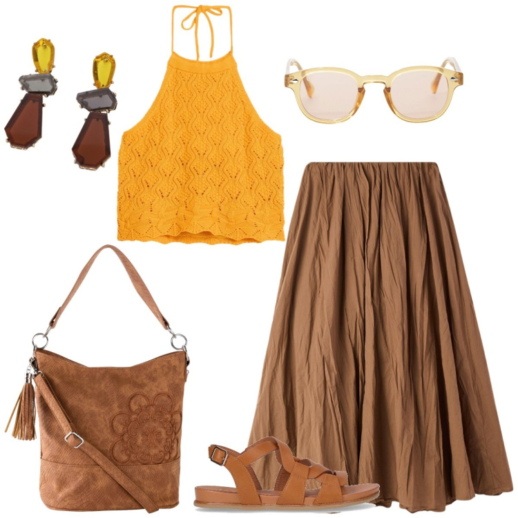 Outfit donna - In vacanza. Stile Boho per Tutti i giorni. Abbinamento con borse a mano, top, gonne lunghe, occhiali da sole, orecchini, sandali.