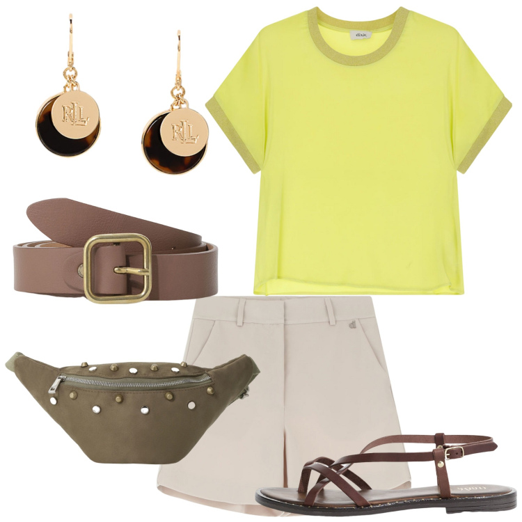 Outfit donna - Escursione a Positano. Stile Casual per Mare. Abbinamento con marsupi, t-shirt, sandali, cinture, shorts, orecchini.