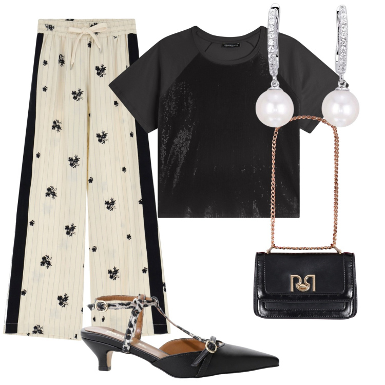 Outfit donna - Una semplice serata. per Serata fuori. Abbinamento con orecchini, borse a tracolla, pantaloni, décolleté, t-shirt.