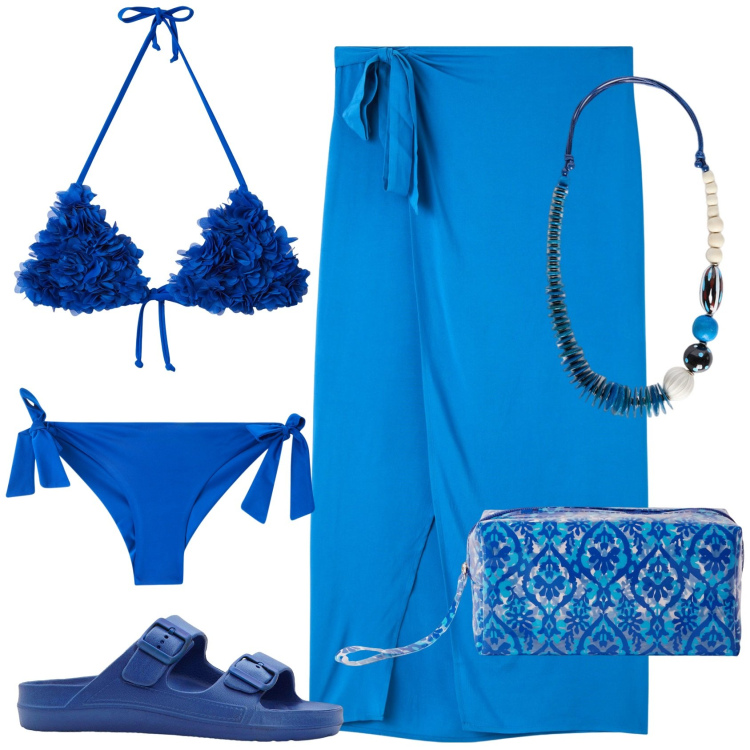 Outfit donna - In piscina total blu. Stile Casual chic per Mare. Abbinamento con ciabatte, vestiti da spiaggia, bikini, pochette, bikini, collane.