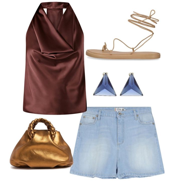 Outfit donna - Saturday. Stile Casual chic per Serata fuori. Abbinamento con orecchini, top, shorts, sandali in pelle, borse a mano.