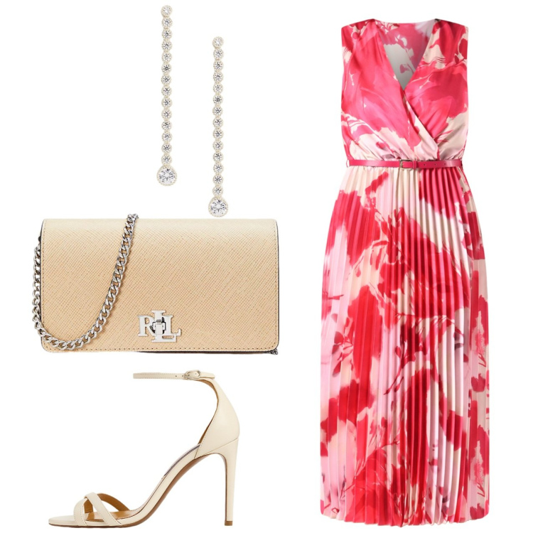 Outfit donna - Corallo plissè. Stile Chic per Cerimonia. Abbinamento con vestiti midi/longuette, borse a tracolla, orecchini, sandali col tacco.