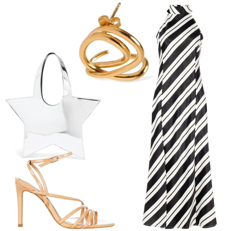 Outfit donna - Evento diagonale. Stile Chic per Serata fuori. Abbinamento con vestiti, sandali col tacco, orecchini, borse a tracolla.