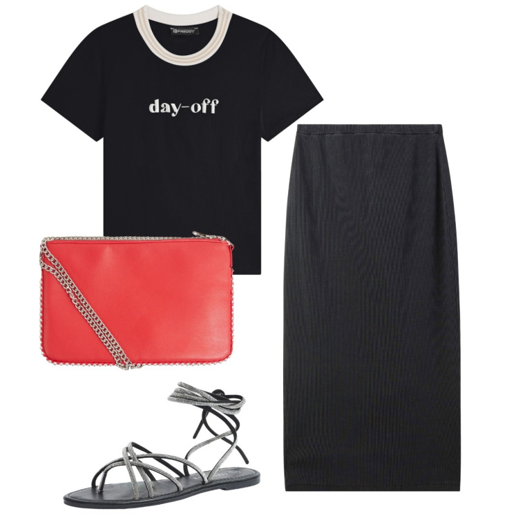 Outfit donna - Day off. Stile Urban per Tutti i giorni. Abbinamento con gonne longuette, sandali alla schiava, borse a tracolla, t-shirt.