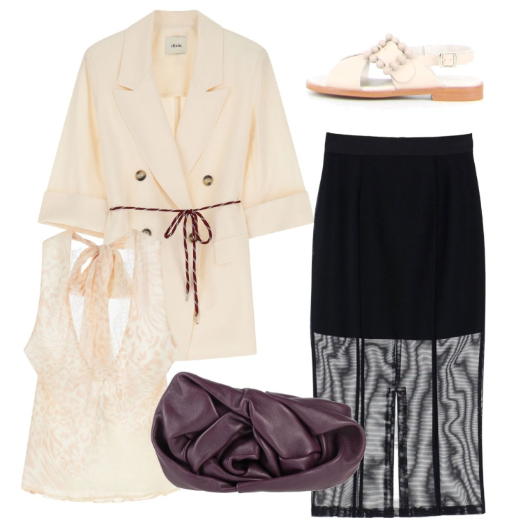 Outfit donna - Gonna e giacca. Stile Chic per Serata fuori. Abbinamento con borse a mano, top, gonne, blazer, sandali.
